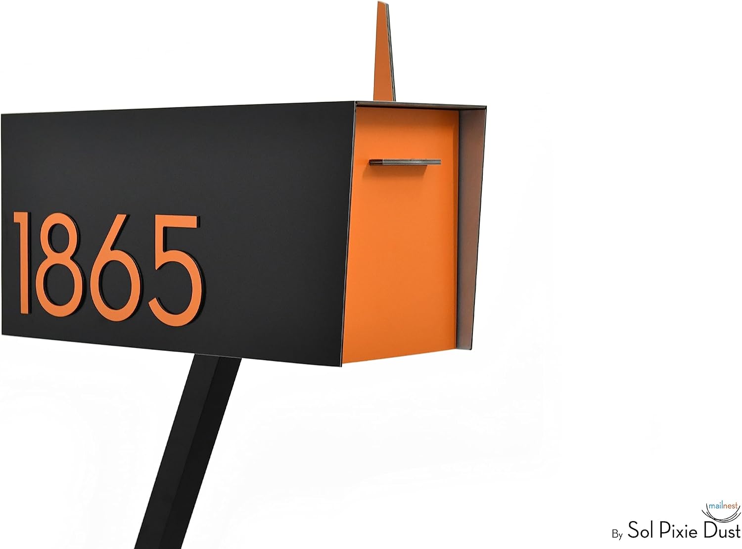 Contemporary Post-Mount Mailbox - Aluminum Black Body with Aluminum Door, Numbers and Flag - Large Customized Mailbox - Type 4 (Orange)