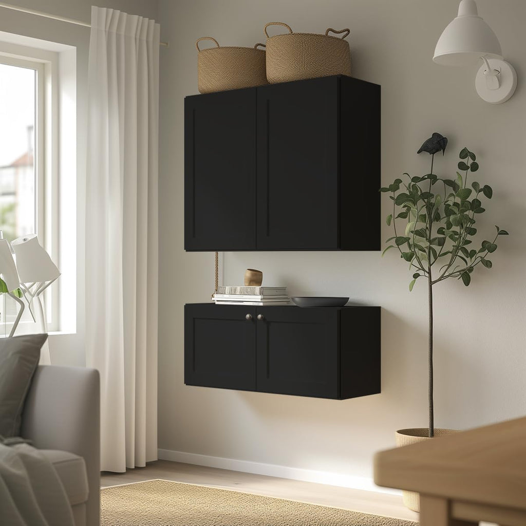 Solid Wood Wall-Mounted Medicine Cabinet, Kitchen Wall - Cabinet, Bathroom Cabinet Wall Mounted with Adjustable Shelves, 2 Doors Wall Calbinet (Charcoal Black, 36' W x 36' H x 12' D)
