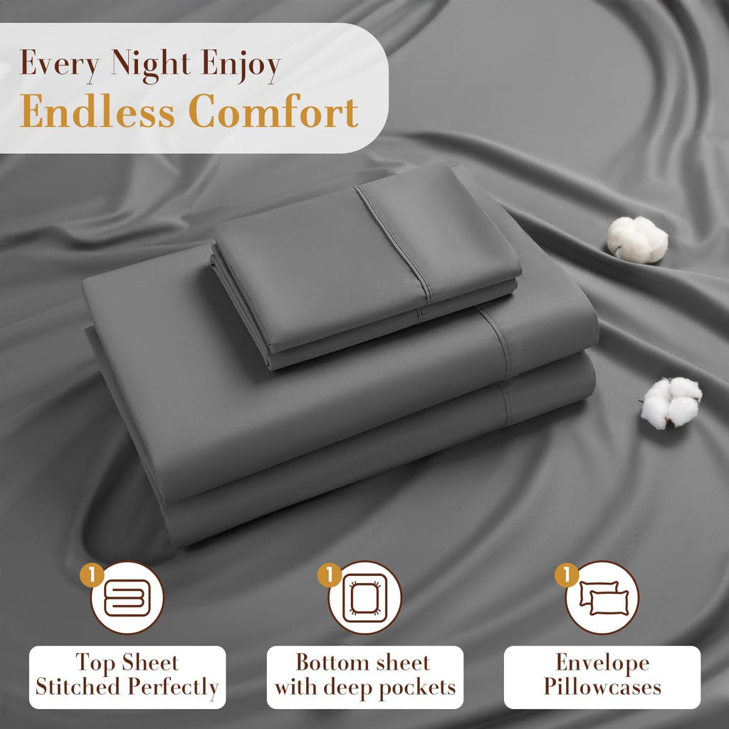 1200 Thread Count Cotton Sheets, 100% Egyptian Cotton Sheet for Queen Size Bed,Very Smooth Soft with 18' Deep Pocket Sheets 4-Pc Sets (Charcoal Grey, Queen)