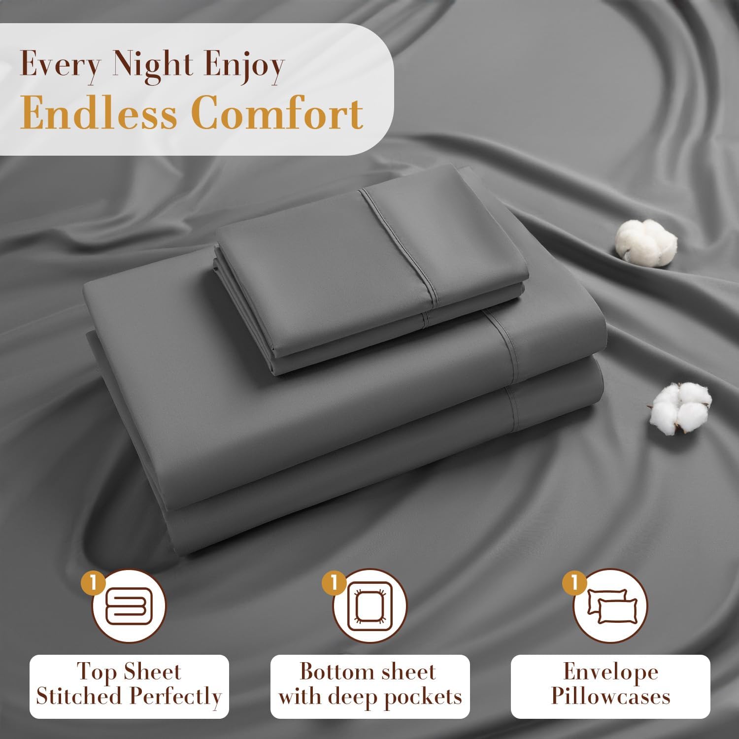1200 Thread Count Cotton Sheets, 100% Egyptian Cotton Sheet for Queen Size Bed,Very Smooth Soft with 18' Deep Pocket Sheets 4-Pc Sets (Charcoal Grey, Queen)