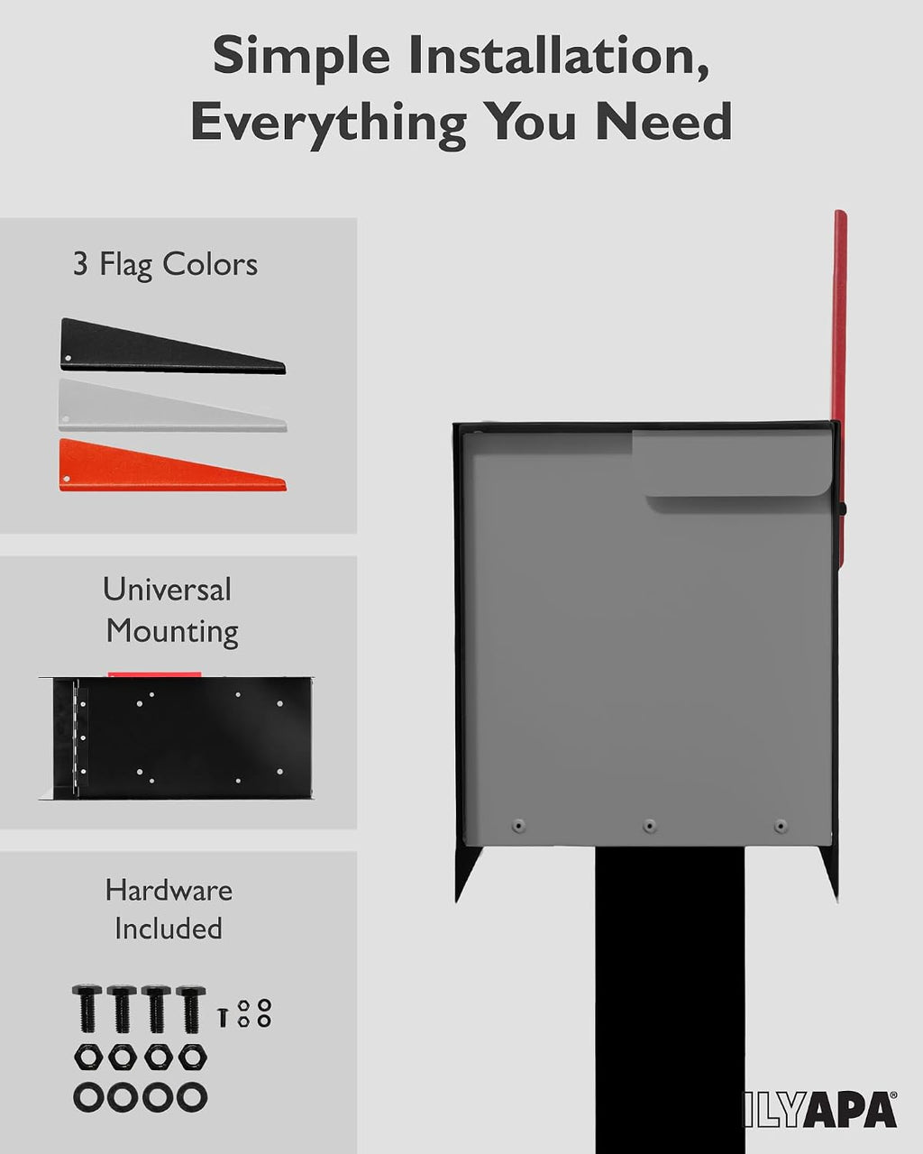 Ilyapa Modern Mailbox Post Mount - 21x8x10 Gray with Black Door Powder Coated Steel, Waterproof Letter Box for Parcels, with Black Recessed Magnetic Close Door