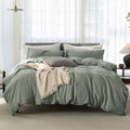Oversized King Plus Cooling Duvet Cover Set - 3 Pieces 100% Cotton Bedding, Breathable, Crisp Linen-Like Texture, Naturally Soft & Gets Better，Hidden Zipper & Corner Ties – Green, 128'x120'