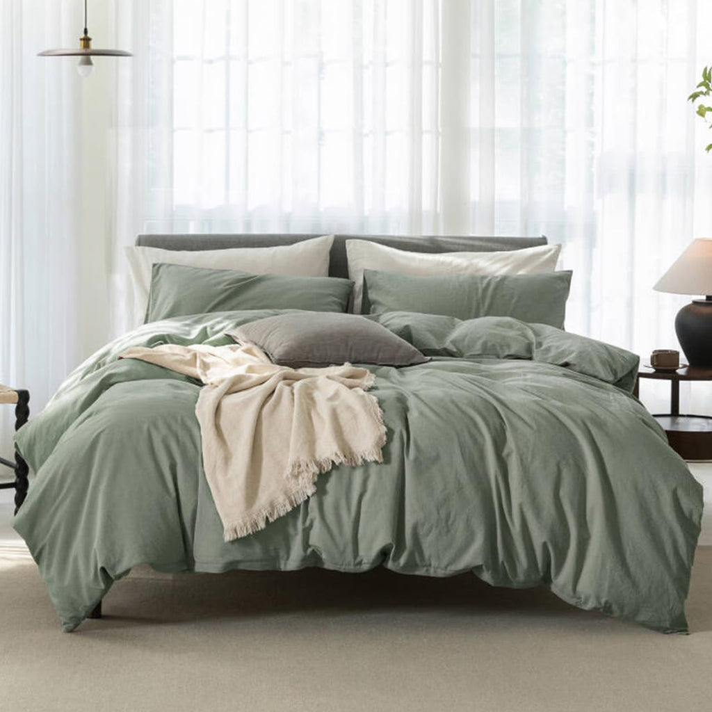 Super King Plus Cooling Duvet Cover Set - 3 Pieces 100% Cotton Bedding, Breathable, Crisp Linen-Like Texture, Naturally Soft & Gets Better，Hidden Zipper & Corner Ties – Green, 120'x120'