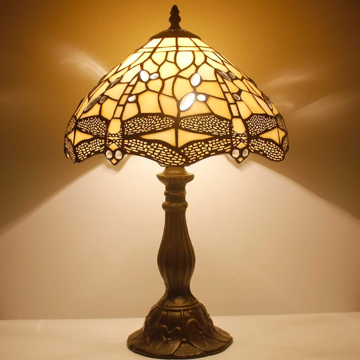 WERFACTORY Tiffany Lamp Cream Stained Glass Dragonfly Bedside Table Lamp Desk Reading Light 12X12X18 Inches Decor Bedroom Living Room Home Office S139 Series