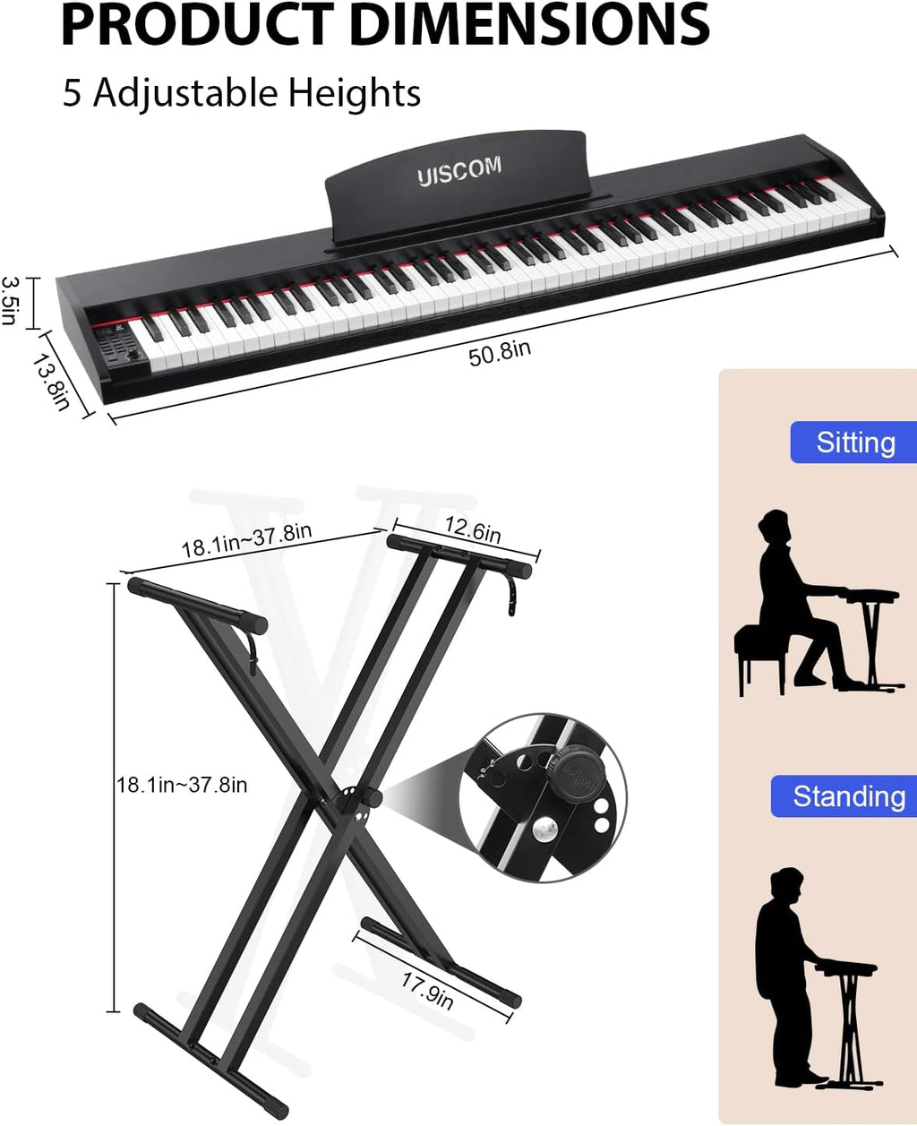 UISCOM 88 Key Digital Piano Keyboard for Beginners - Full Size Semi Weighted Wooden Electric Piano Set with Stand, Triple Pedal, Headphone,Carry Bag - Supports USB-MIDI Connecting (Wood Grain Black)