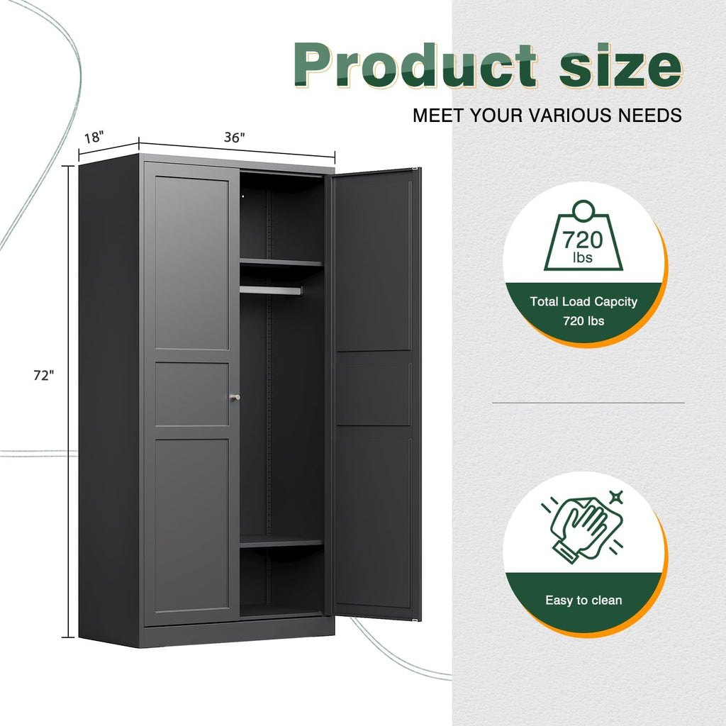 Letaya Wardrobe Armoire Closet,72' H Metal Storage Cabinet with Adjustable Shelves and Hanging Rod,Bedroom Armoire Cabinet Clothes Organizer (Black)