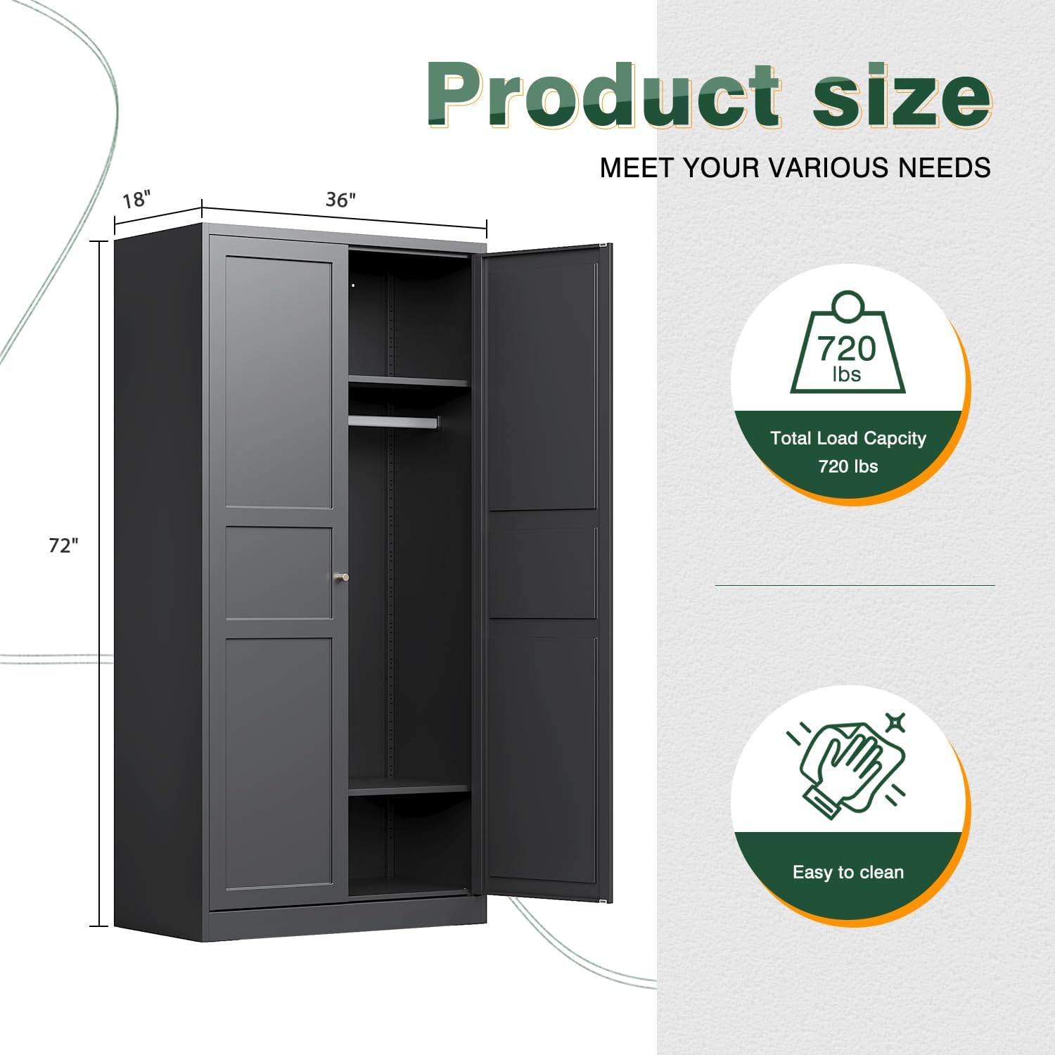Letaya Wardrobe Armoire Closet,72' H Metal Storage Cabinet with Adjustable Shelves and Hanging Rod,Bedroom Armoire Cabinet Clothes Organizer (Black)