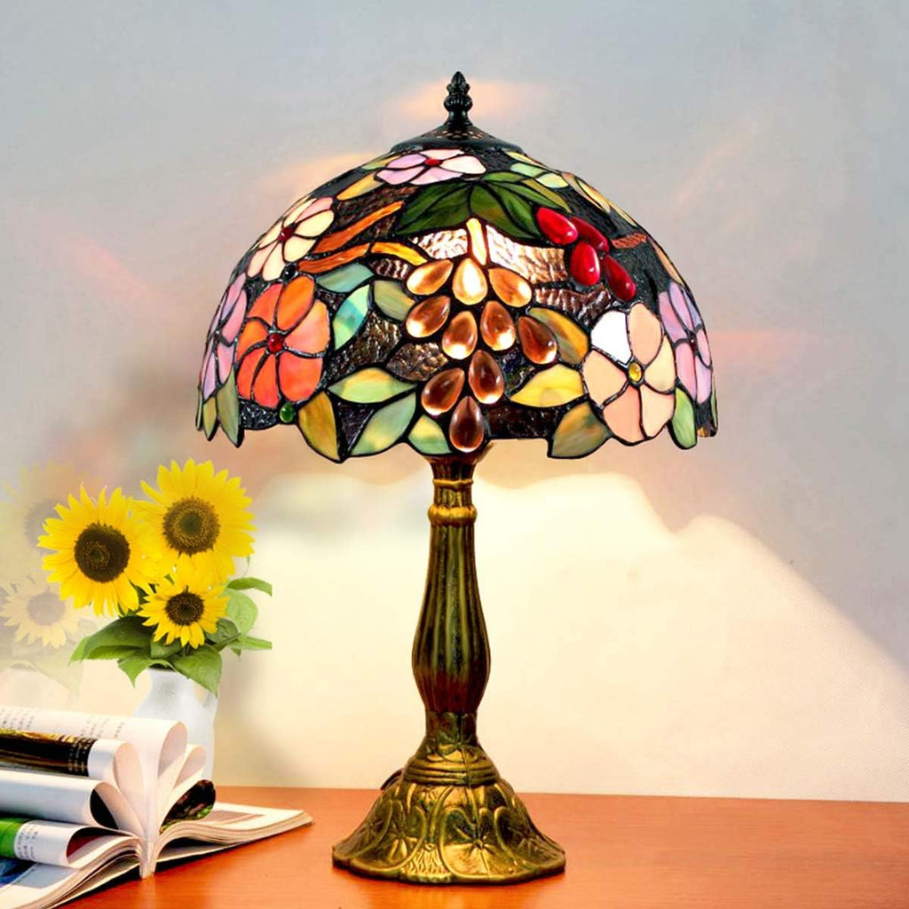 Tiffany Table Lamp Hand-Made Grape Rose Stained Glass Table Lamps Bedside Nightstand Lamp for Bedroom, Living Room, Home Office Desk Lamp,Home Deco Art,W/LED E26 Bulb,12X12X18Inch