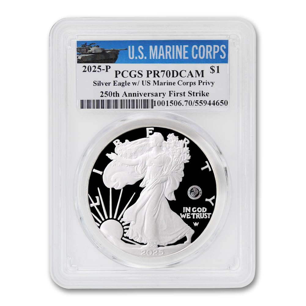 2025 P 1 oz American Silver Eagle U.S. Marine Privy Proof Coin PR-70 Deep Cameo (First Strike - Marine Label) with Official Government Packaging $1 PCGS PR70DCAM