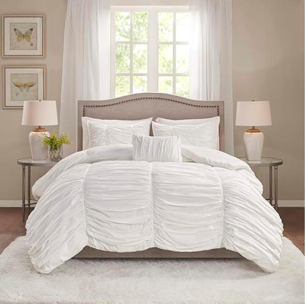 BedDecor 1 Piece Ruched Pattern Duvet Cover with Zipper & Corner Ties 100% Egyptian Cotton 500 Thread Count Premium Hotel Quality Decorative Bedding (White,Oversized King)