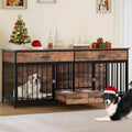 DWVO Double Dog Crate TV Stand with Dog Feeder, 74.8' Wooden Large Dog Kennel with Storage, Double Dog Crate Furniture for 2 Small Medium Dogs, Brown