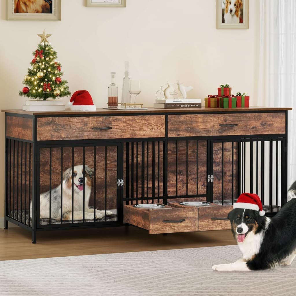 DWVO Double Dog Crate TV Stand with Dog Feeder, 74.8' Wooden Large Dog Kennel with Storage, Double Dog Crate Furniture for 2 Small Medium Dogs, Brown