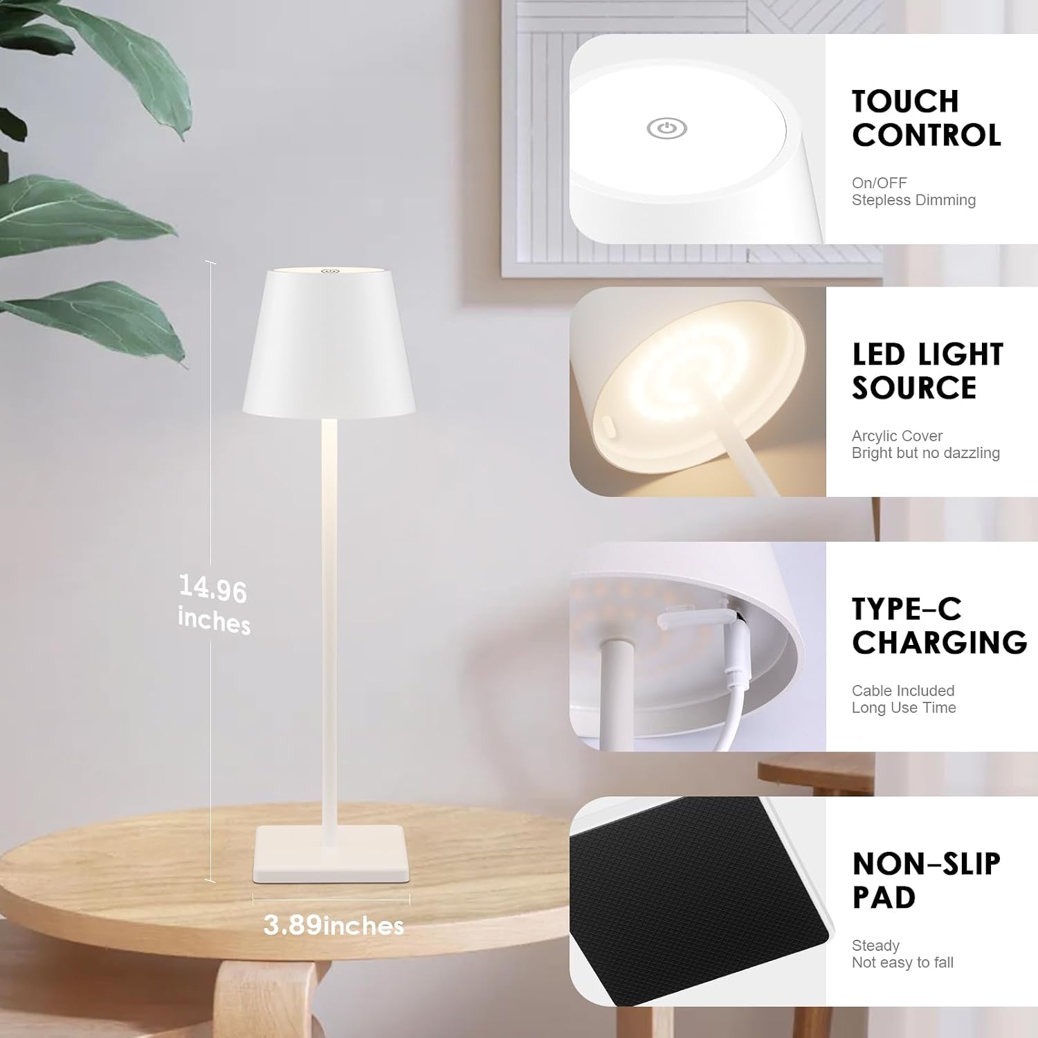 4-Pack Rechargeable Table Lamps, LED Cordless Table Lamp, 3W 6000mAh Battery Operated Table Light, Stepless Dimming Portable Table Light Waterproof for Restaurant/Indoor/Outdoor (White)