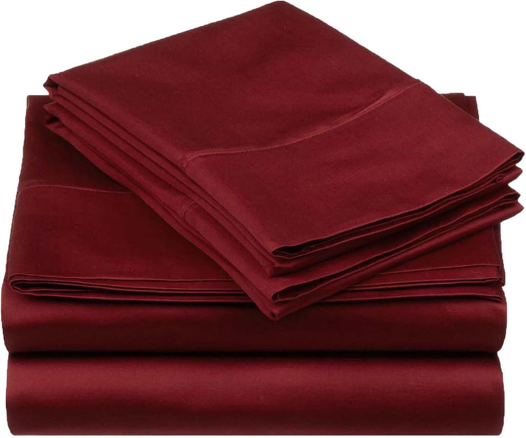 Superior Egyptian Cotton 530 Thread Count Bed Sheet Set, 1 Elastic Deep Pocket Fitted Sheet, 1 Flat Sheet, 1 Pillowcase, Soft Bedding, Luxury Sheets, Sateen Weave, Twin XL Size, Burgundy