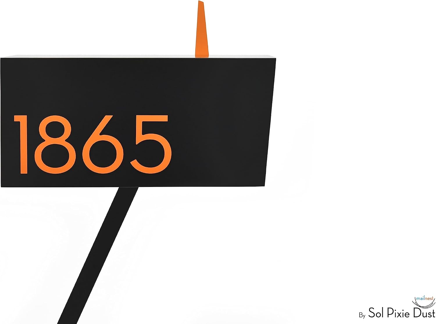 Contemporary Post-Mount Mailbox - Aluminum Black Body with Aluminum Door, Numbers and Flag - Large Customized Mailbox - Type 4 (Orange)
