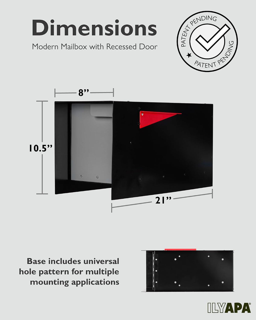 Ilyapa Modern Mailbox Post Mount - 21x8x10 Gray with Black Door Powder Coated Steel, Waterproof Letter Box for Parcels, with Black Recessed Magnetic Close Door