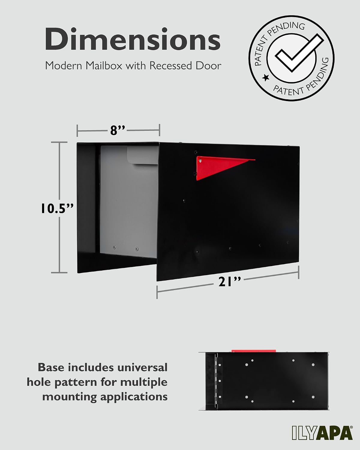 Ilyapa Modern Mailbox Post Mount - 21x8x10 Gray with Black Door Powder Coated Steel, Waterproof Letter Box for Parcels, with Black Recessed Magnetic Close Door