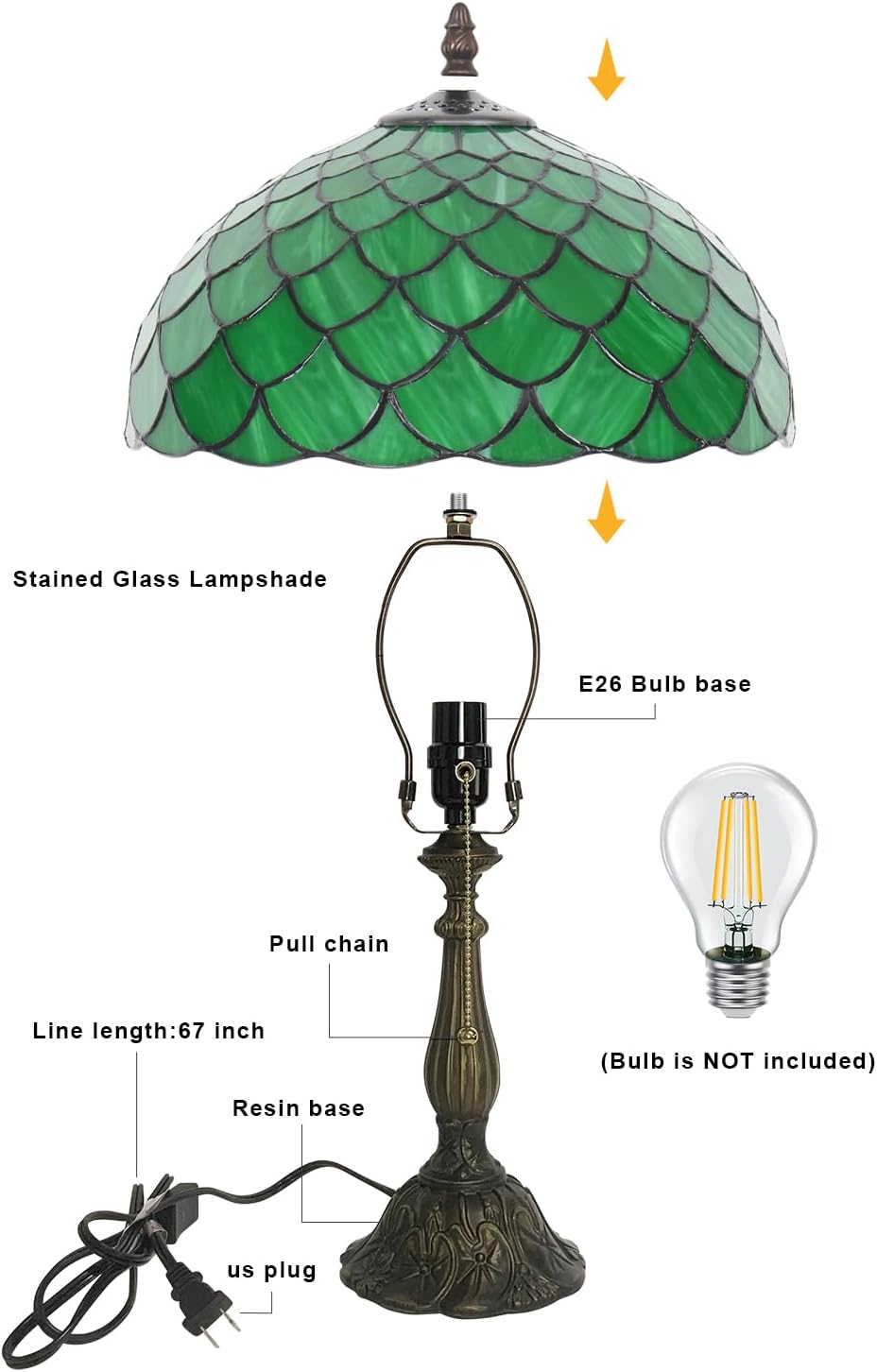 Stained Glass Table Lamp,Vintage Green Fish Scale Lamp,12X12X19 Inch Reading Light,Antique Glass Desk Decor Lamp.