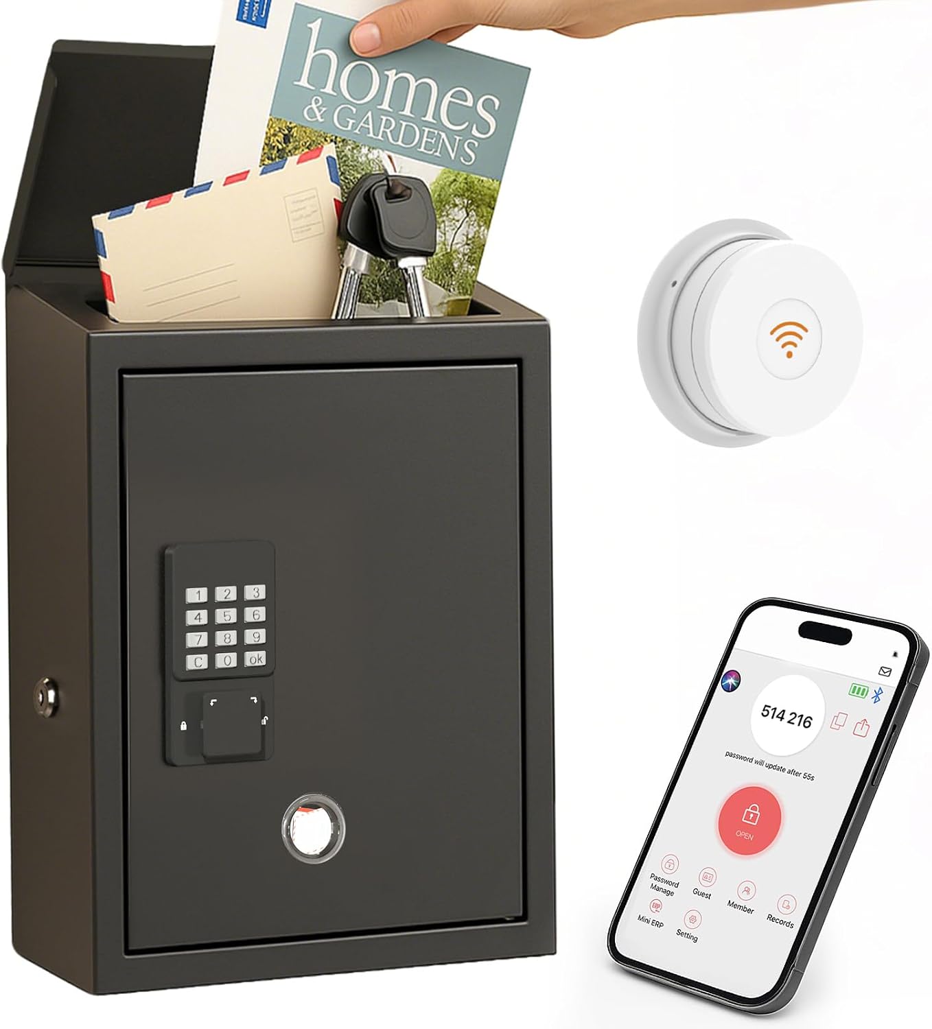 WeHere Mailbox with Electronic Lock, Wall Mount Locking MailBoxes for House, Metal Suggesion Box, Business Key Drop Box, OTP/Fixed Code/Key Unlock, Large Capacity, Black