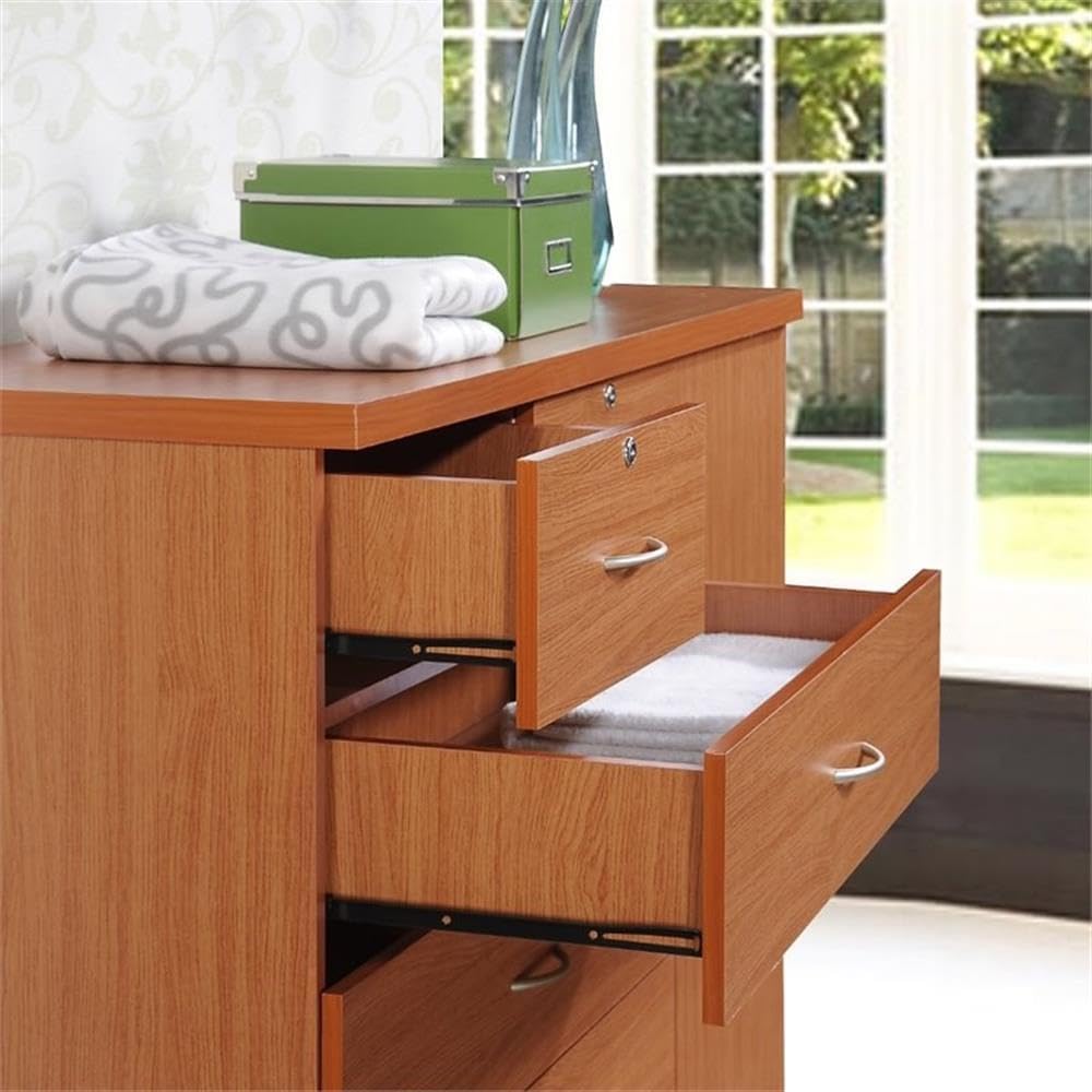 BOWERY HILL 7 Drawer Chest with Locks, Cherry Wood, 48.6 in H x 47.2 in W x 17.6 in D, Side Door with Shelves and Hanging Rod, Adjustable Shelves, Sturdy Design for Bedroom Storage