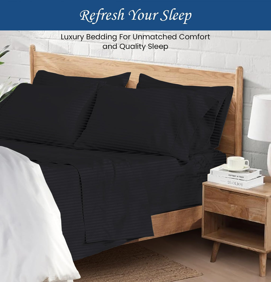 Luxury 1800 Thread Count Heavy Egyptian Cotton 4-PCs Sheet Set Fits Mattress 21-24'' Fully Elastic Deep Pocket (Queen Size) (Stripe, Black)