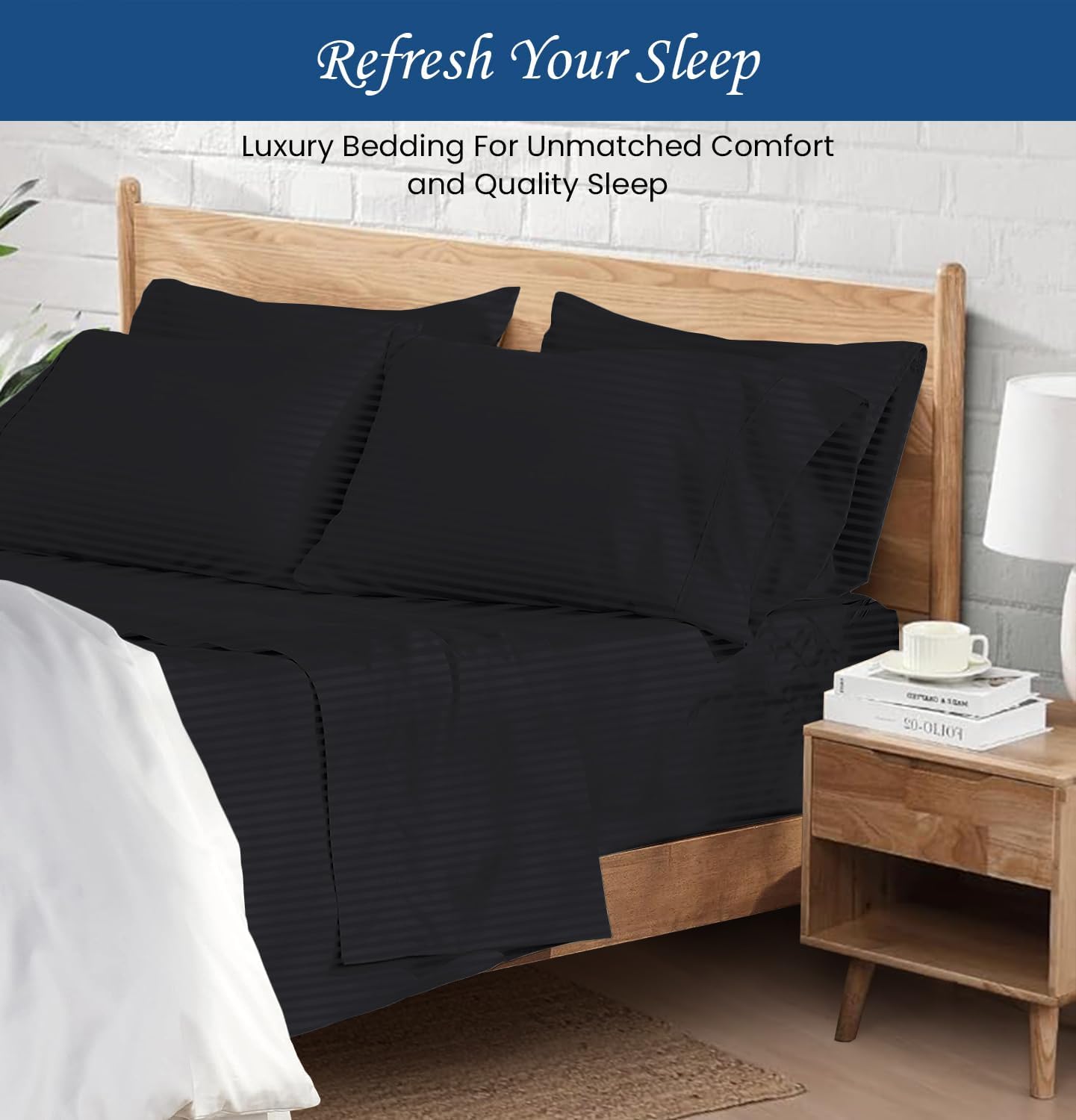 Luxury 1800 Thread Count Heavy Egyptian Cotton 4-PCs Sheet Set Fits Mattress 21-24'' Fully Elastic Deep Pocket (Queen Size) (Stripe, Black)