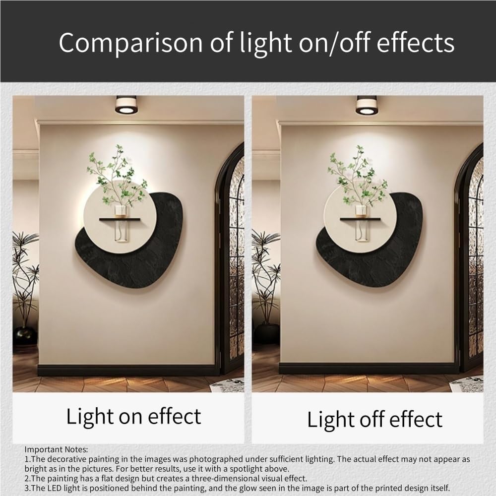 Creative Sandstone Wall Art Decor with Vase and Artificial Plant, Plug-in Power Supply LED Decorative Painting, Lighted Sandstone Wall Decor for Living Room, Entrance Hall, Corridor(Black,23.6*23.6in)