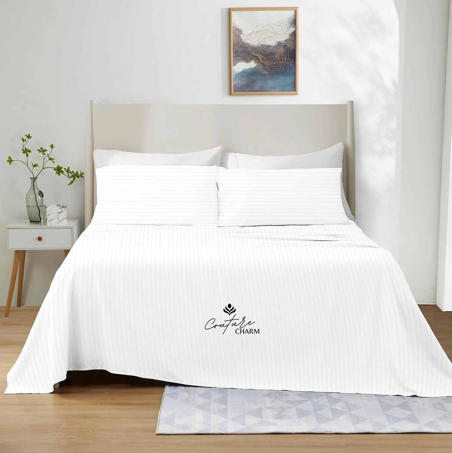 Queen Size 1000 Thread Count 100% Egyptian Cotton Sheet Set, 4-Piece, Sateen Weave, with 10-12'' Deep Pocket Snug Fit (Stripe, White)