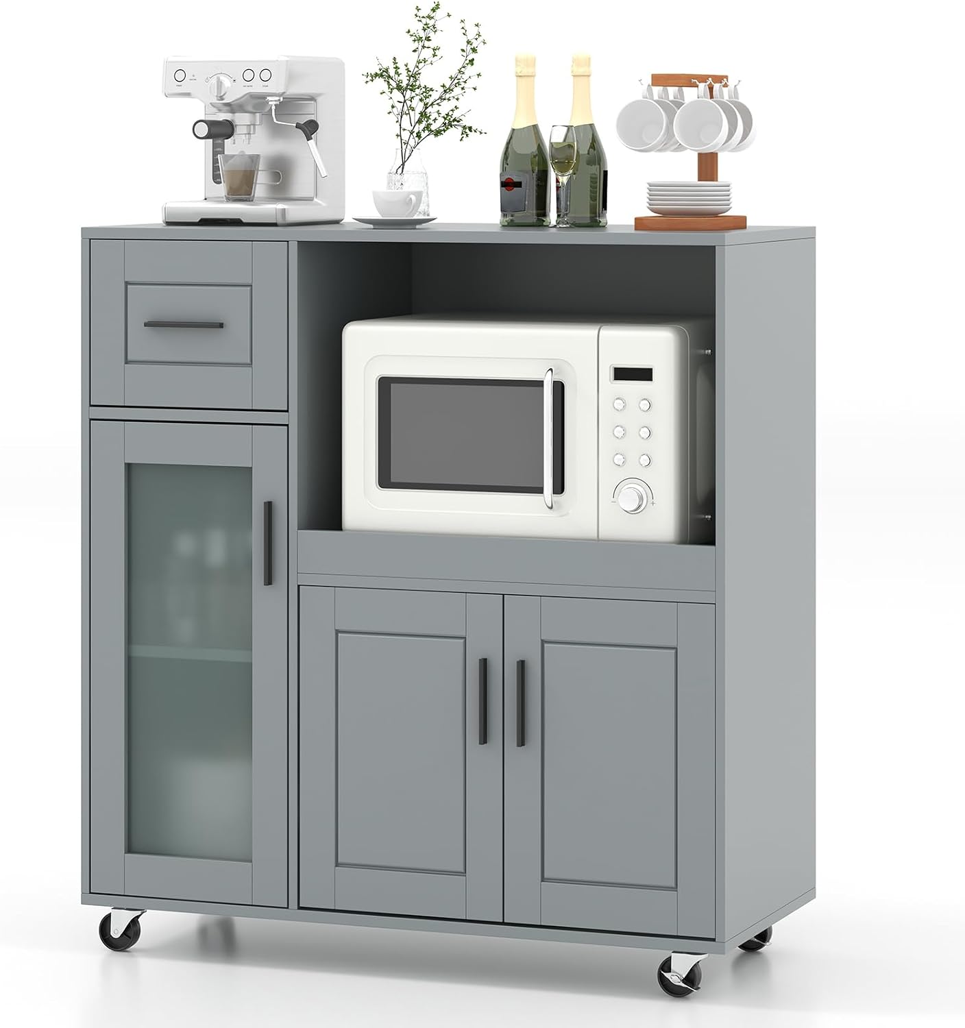 GOFLAME Rolling Kitchen Island Cart on Wheels, Mobile Kitchen Cart with Drawer, Open Shelf and Glass Door Cabinet, Microwave Stand Cart, Portable Kitchen Island for Kitchen, Dining Room, Grey