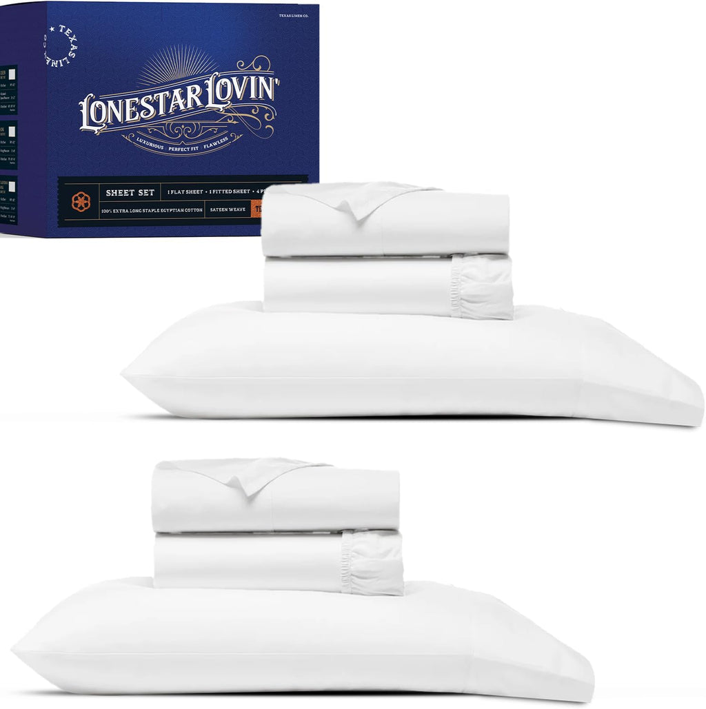 TEXAS LINEN CO. 100% Egyptian Cotton Sheets Twin Size Set of 2 - Luxury 1000 Series Lonestar Lovin' Collection Twin Sheet Sets (6 PC, White), College Dorm Room 16' Deep Pocket Bed Sheet Set