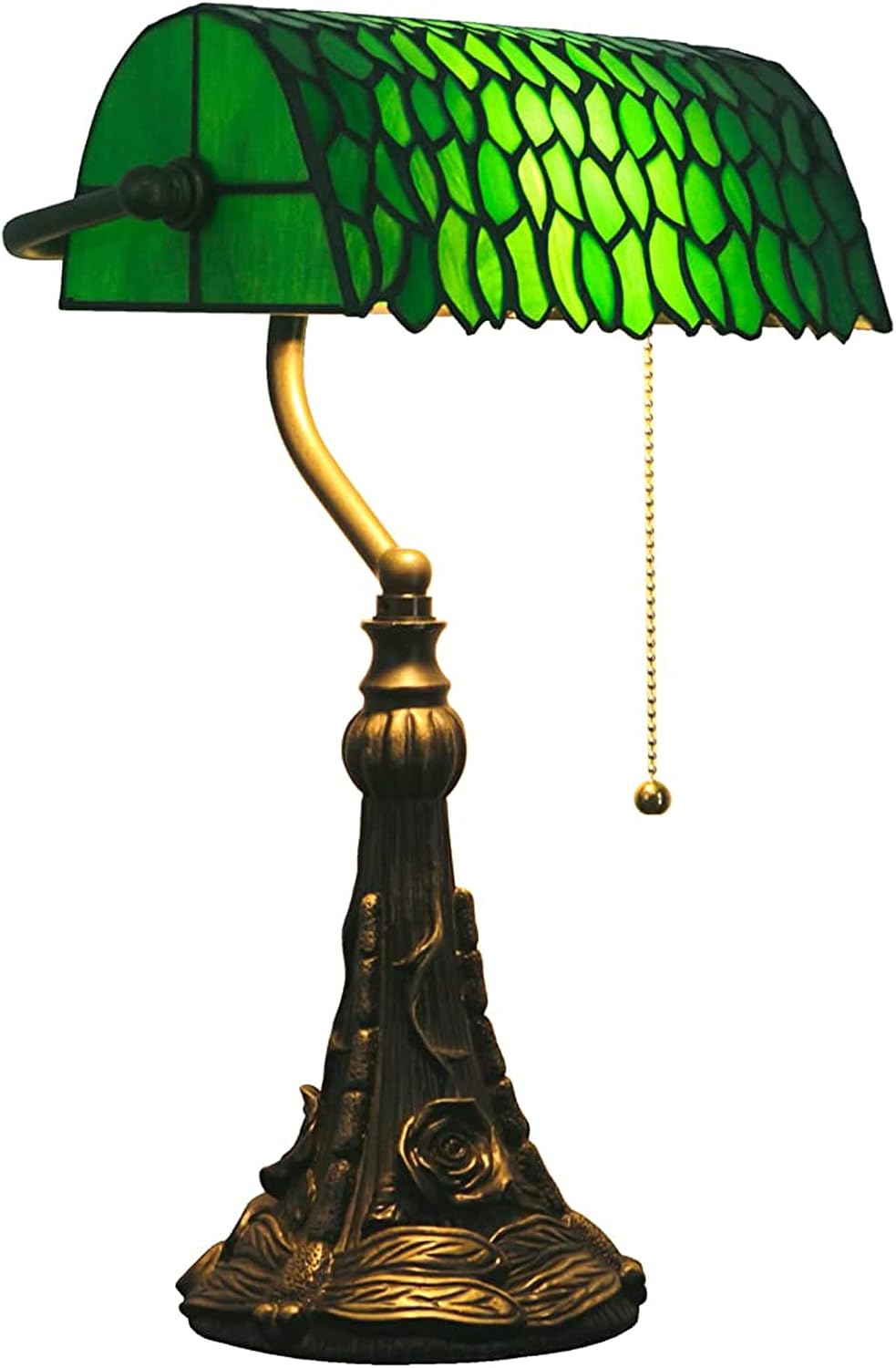 Tiffany Banker Lamp Small Stained Glass Table Lamp Tiffany Style Piano Light Green Wisteria Leaf Style Desk Lamp Angle Adjustable 10.6X15.7 Inch for Home Office Living Room Bedroom