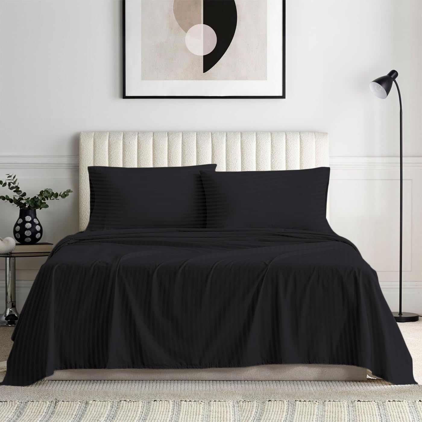 1000 Series - 100% Egyptian Cotton Sheet Set Soft & Comfy Breathable Hotel Quality Luxury Bedding -Queen Size Fits Mattress Up to 18-20' Deep (Stripe, Black)