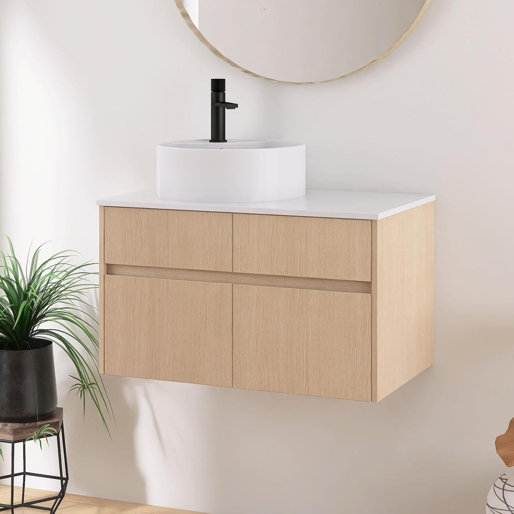 32 Inch Floating Bathroom Vanity with Sink, Modern Wall Mounted Cabinet, Ceramic Vessel Basin, 2 Soft Close Doors and 2 Drawer, White Oak