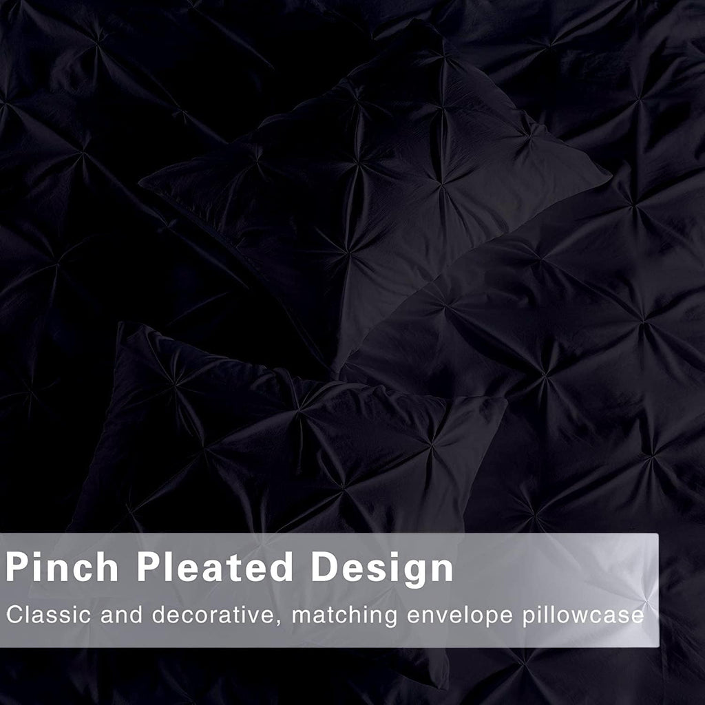 Pinch Pleated 3pc Duvet Cover Set 100% Egyptian Cotton 1000-TC Zipper & Corner Ties Rectangle Pattern Decorative Pintuck (All Queen 90x90 Size, Black)