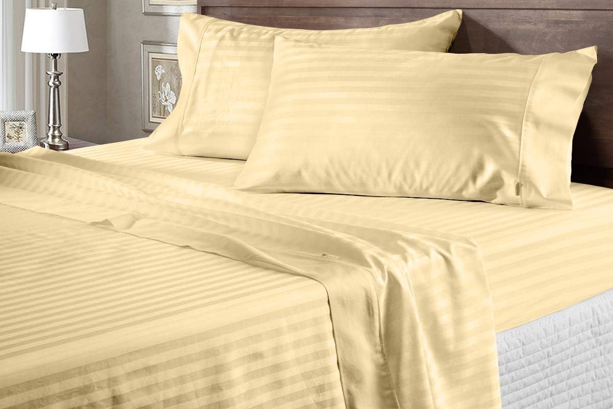 AMAY Luxury Soft 100% Egyptian Cotton 6pc Sheet Set Sateen Weave 800 TC Queen Size for Bed, Fits Mattress Upto 16-18'' Deep Pocket, Beige Stripe