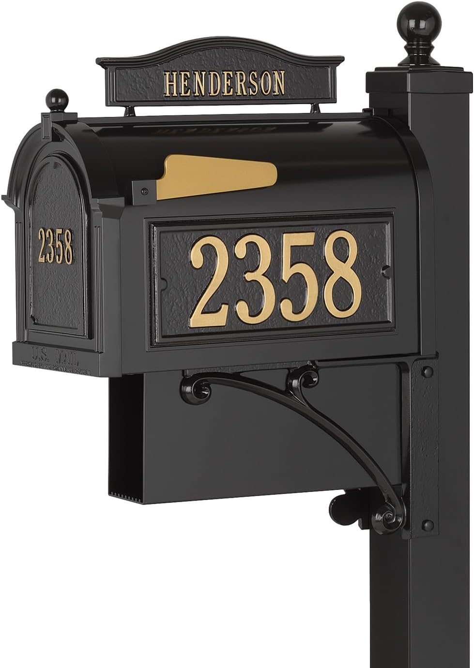Whitehall Ultimate Mailbox Package, Personalized Large Mailbox with Post and Address Plaque for Outside - Black/Gold