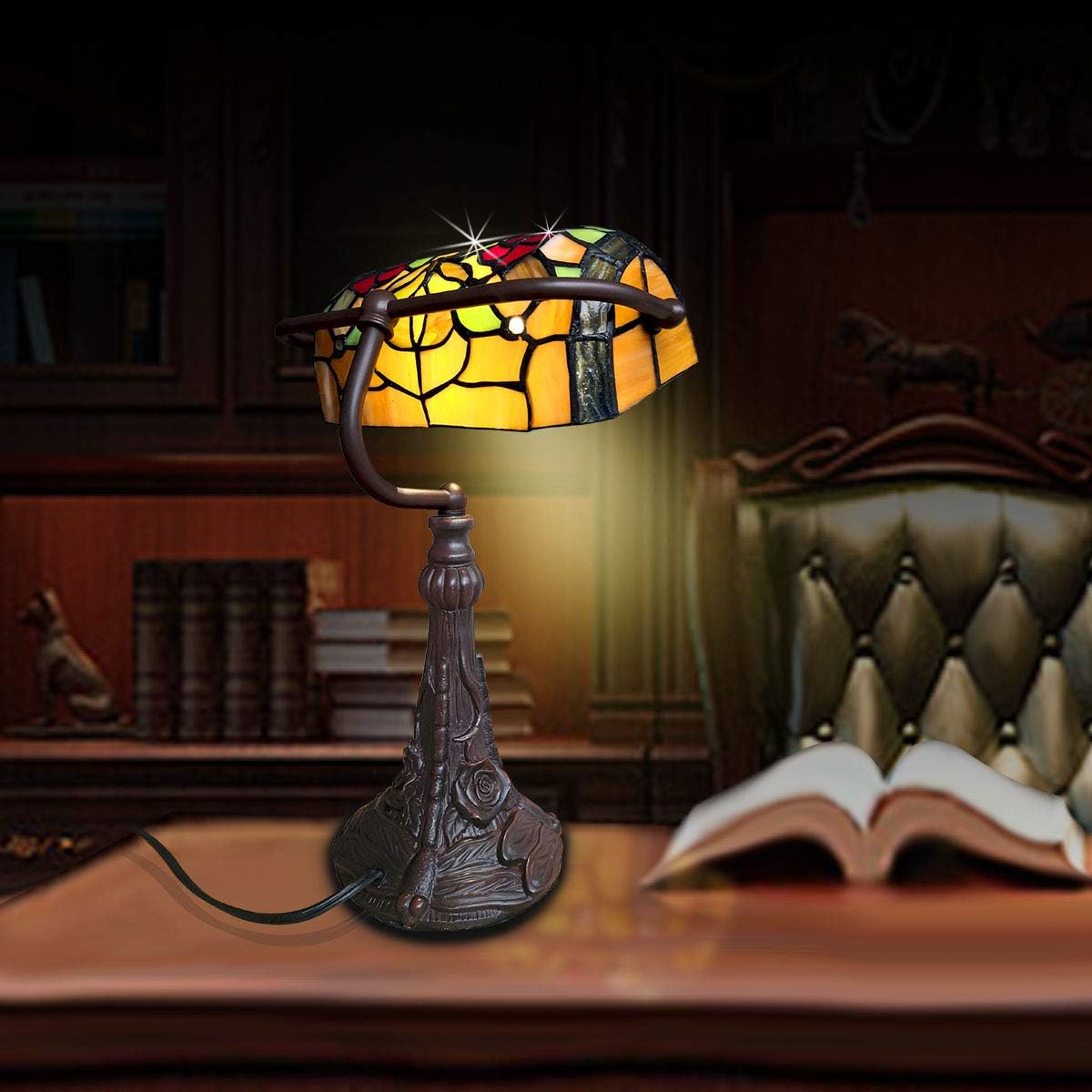 Tiffany Lamp Stained Glass Table Lamp for Living Room Side Dragonfly Piano Lamp Small 15.5' Tall Bedroom Bedside Table Lamp Chain Switch Banker's Home Office Desk Light Farmhouse Lamps