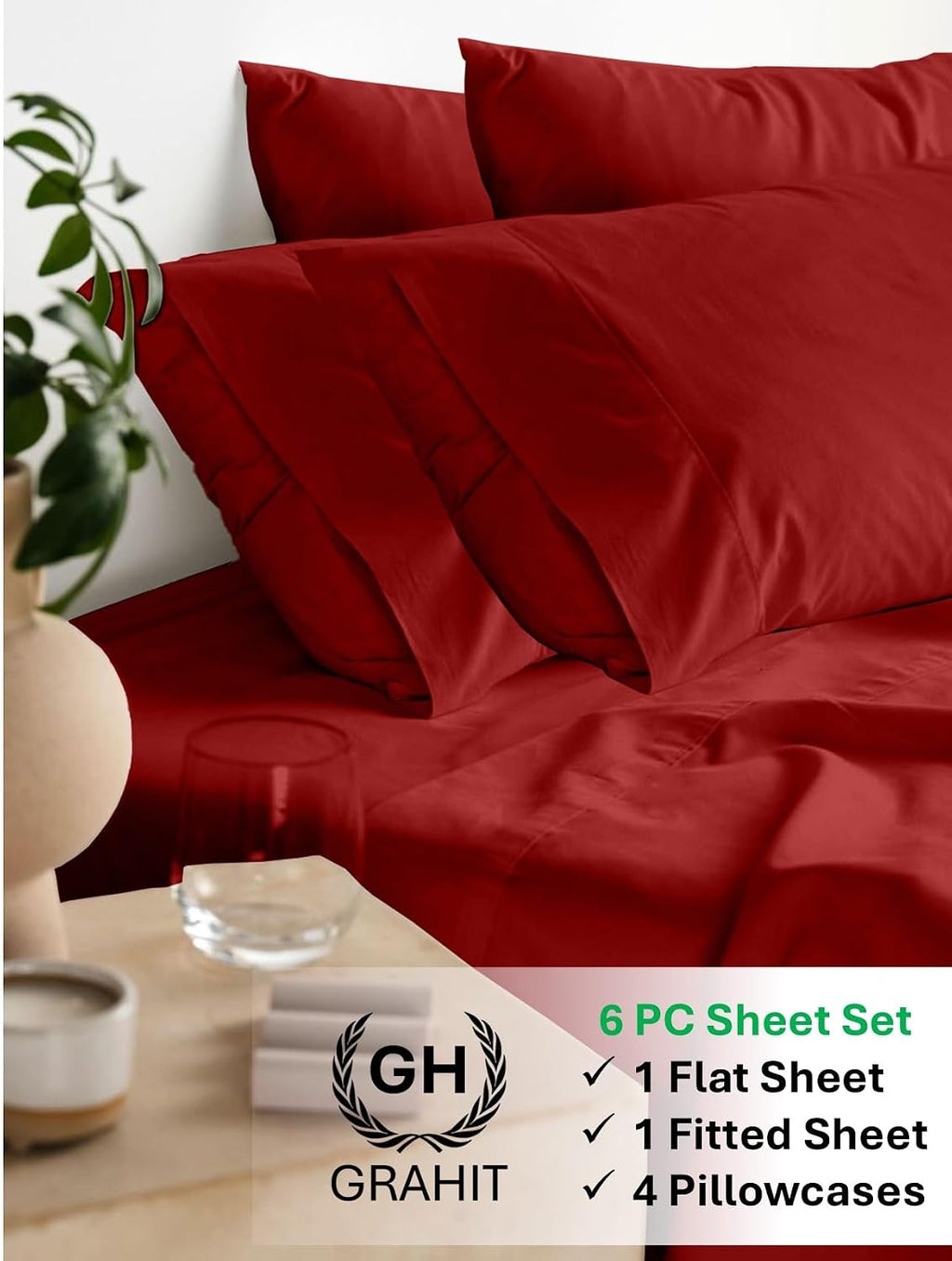 100% Egyptian Long Staple Cotton Bedsheet Set, 800 Thread Count, 6-PC Sheets Set, Burgundy Color, Queen Size, 15 Inch Deep Pocket of Fitted Sheet, Soft Sateen Weave Breathable