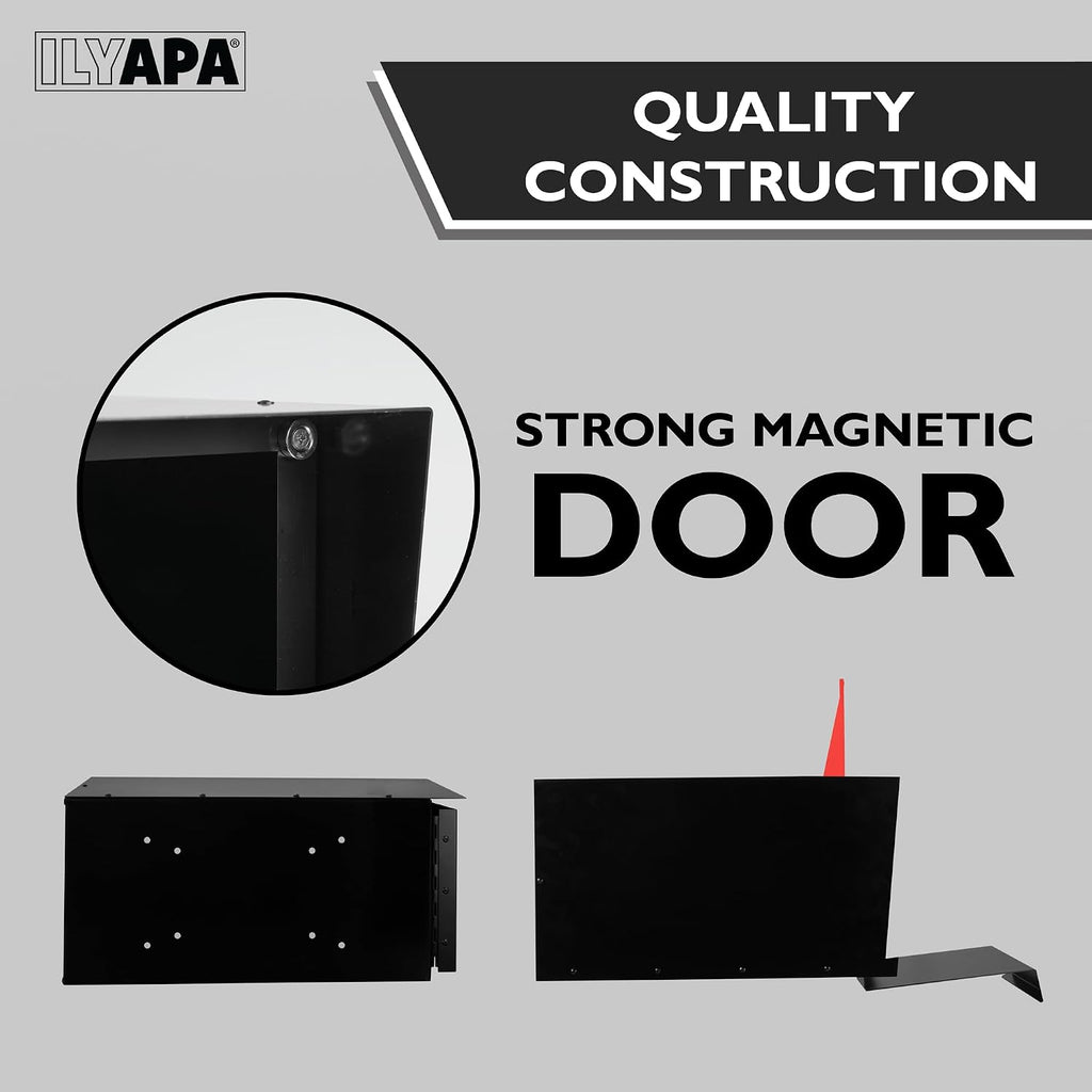 Ilyapa Modern Mailbox for Post Mount - Black with Black Door Heavy Duty Powder Coated Steel, Waterproof Letter Box for Curbside Parcels, Corrosion Resistant with Recessed Magnetic Close Door, Large