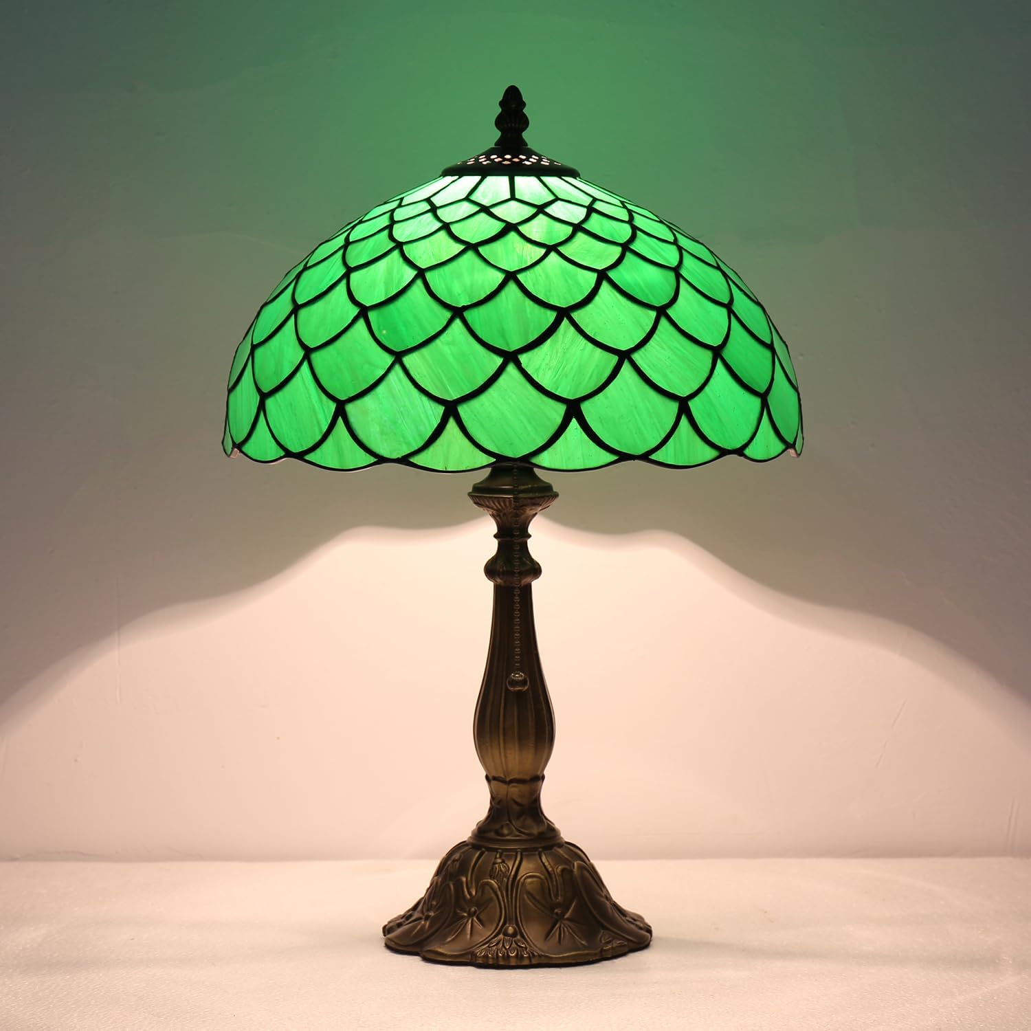 Stained Glass Table Lamp,Vintage Green Fish Scale Lamp,12X12X19 Inch Reading Light,Antique Glass Desk Decor Lamp.