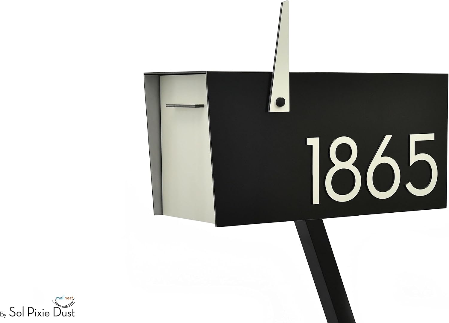 Contemporary Post-Mount Mailbox - Aluminum Black Body with Aluminum Door, Numbers and Flag - Large Customized Mailbox - Type 4 (Ivory White)