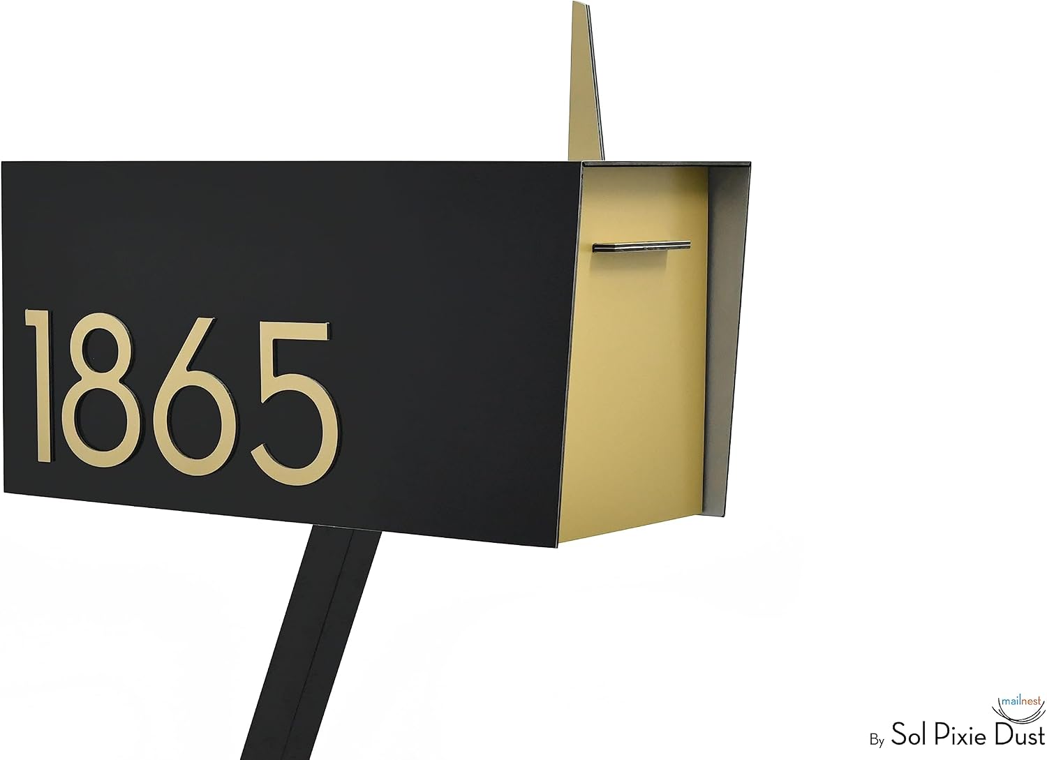Contemporary Post-Mount Mailbox - Aluminum Black Body with Aluminum Door, Numbers and Flag - Large Customized Mailbox - Type 4 (Gold)