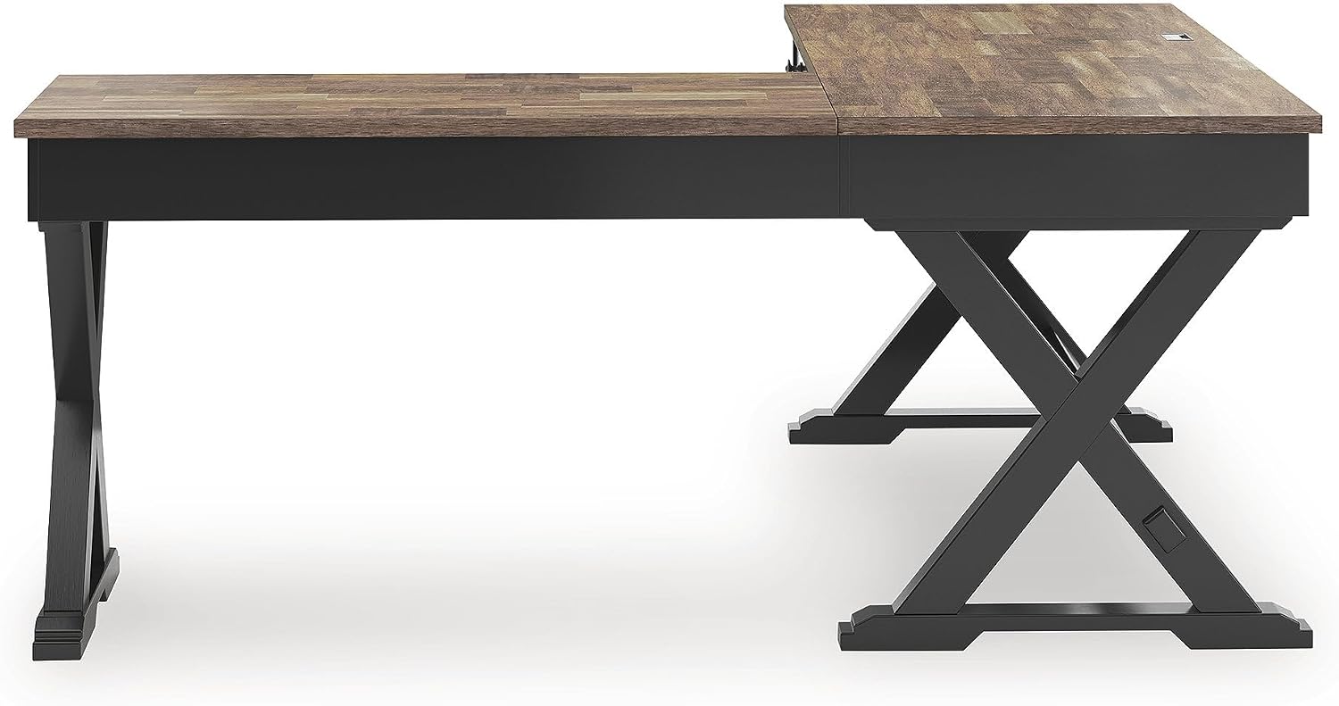 Signature Design by Ashley Wildenauer Casual 3-Drawer Home Office Desk and Return with Drop-Down Keyboard Tray and Cord Management, L-Shaped Desk, Wood, Mango Wood Veneer, Light Brown & Black