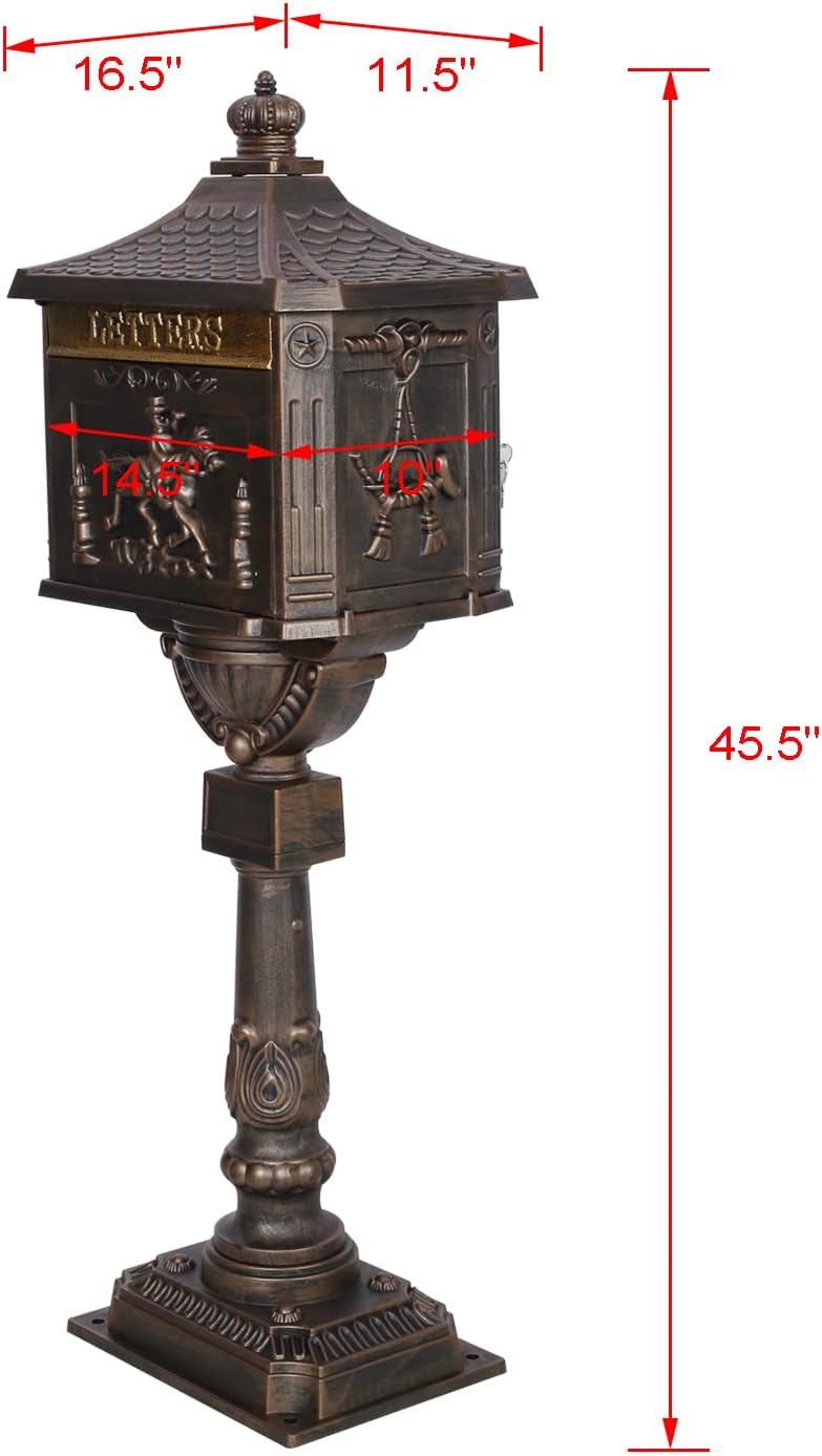 Montary Cast Aluminum Mailbox with Post, Heavy Duty Locking Security Mail Box for House Outside, Vintage Rust-Proof Large Postal Box with Keys & Baffle Door Postal Mailbox (Bronze)