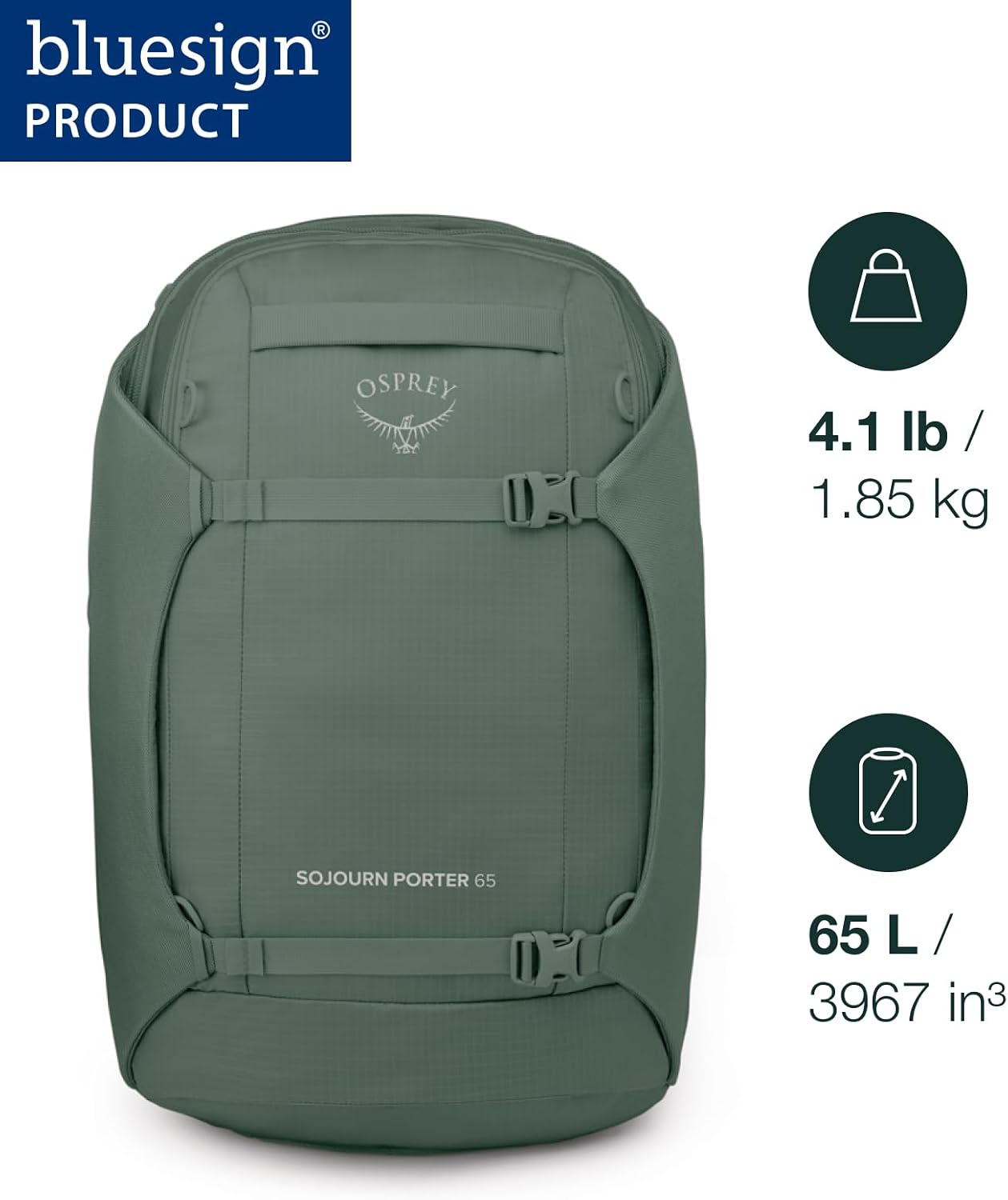 Osprey Sojourn Porter 65L Travel Backpack - Carry-On Compliant Luggage with StraightJacket Compression and Padded Laptop Sleeve - Durable Pack for International or Urban Travel, Koseret Green