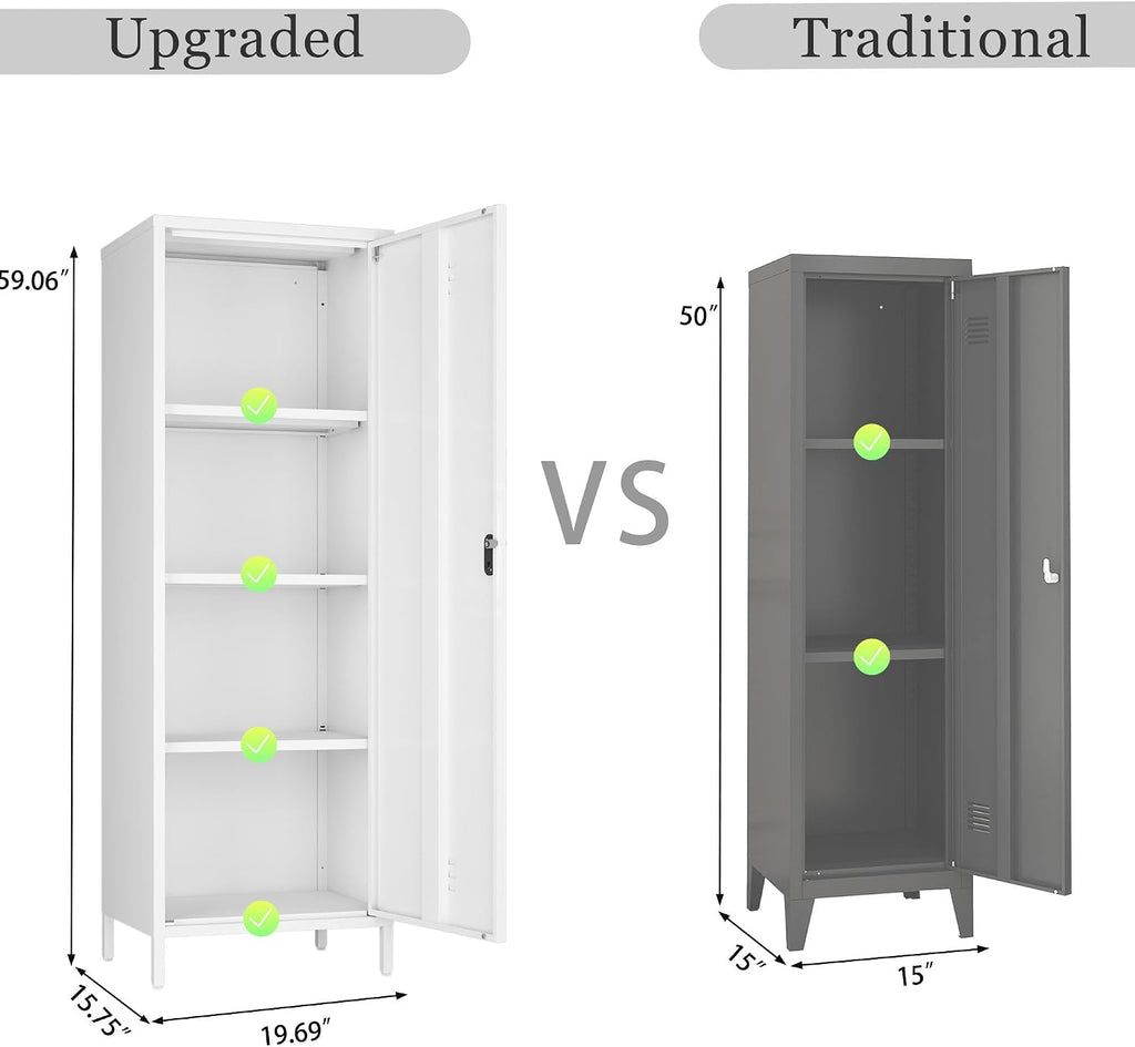 Steehoom Metal Locker Cabinet with Lock, Steel File Locker with Door and 3 Adjustable Narrow Storage Cabinet Shelves 59.06-inch high for School, Living Room, Bedroom, Office (White, H59.06'')