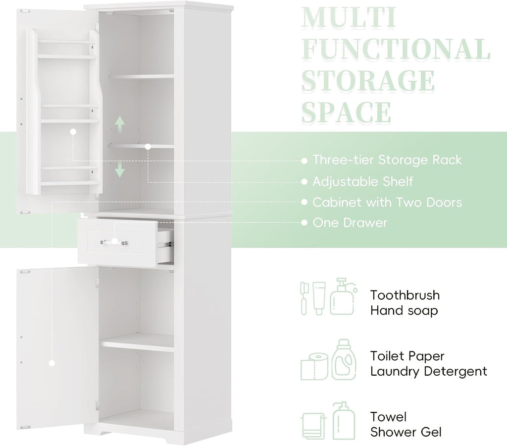 Tall Bathroom Storage Cabinet, Freestanding Bathroom Accent Storage Cabinet with Doors & Adjustable Shelves & Built-in Door Shelve for Home Kitchen, Living Room (White Style3)