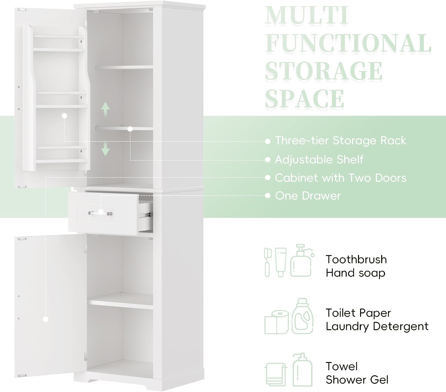 Tall Bathroom Storage Cabinet, Freestanding Bathroom Accent Storage Cabinet with Doors & Adjustable Shelves & Built-in Door Shelve for Home Kitchen, Living Room (White Style3)