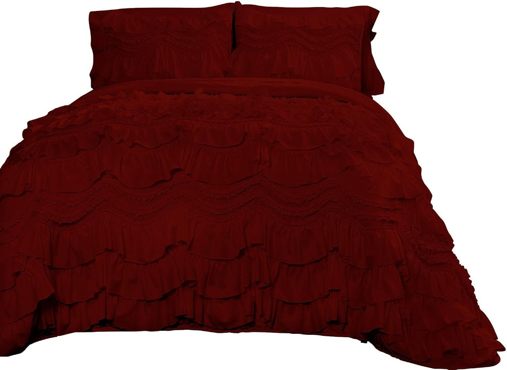 100% Egyptian Cotton, 550 GSM Microfiber Filled Quilt Ruffled Textured 3 Piece Full/Queen Size Comforter Set, Burgundy