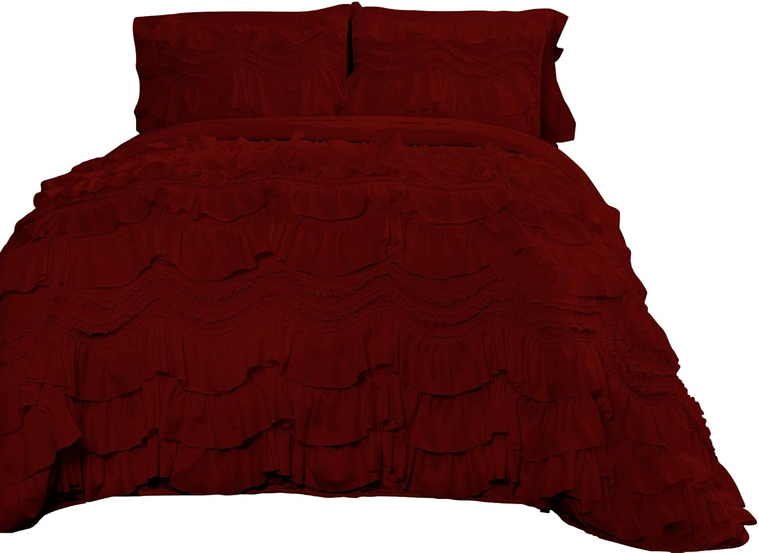 100% Egyptian Cotton, 550 GSM Microfiber Filled Quilt Ruffled Textured 3 Piece Full/Queen Size Comforter Set, Burgundy